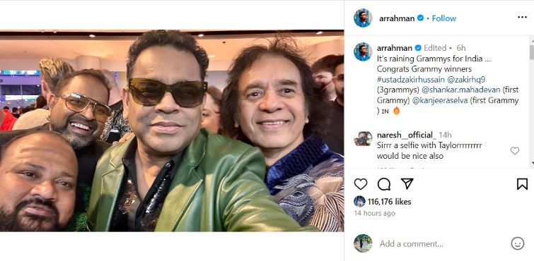 It's Raining Grammys For India: AR Rahman Shares Selfie With Zakir ...